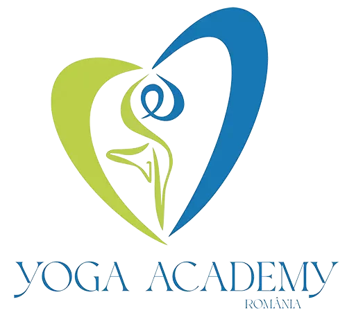 O inima minimalista verde si albastru cu o figura unei femei stand intr-o asana. Reprezinta logo-ul Yoga Academy Romania